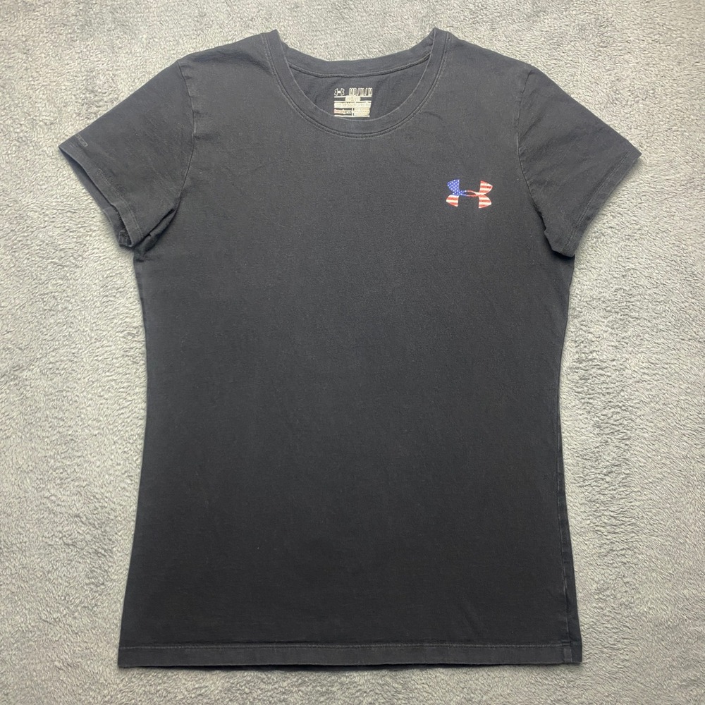 Under Armour Tshirt Womens Medium Black HeatGear USA Flag Graphic Semi-Fitted